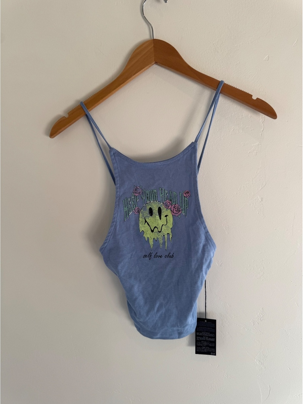 Forever 21 Blue “Keep Your Head Up” Smiley Graphic Cami Tank Top Small NWT